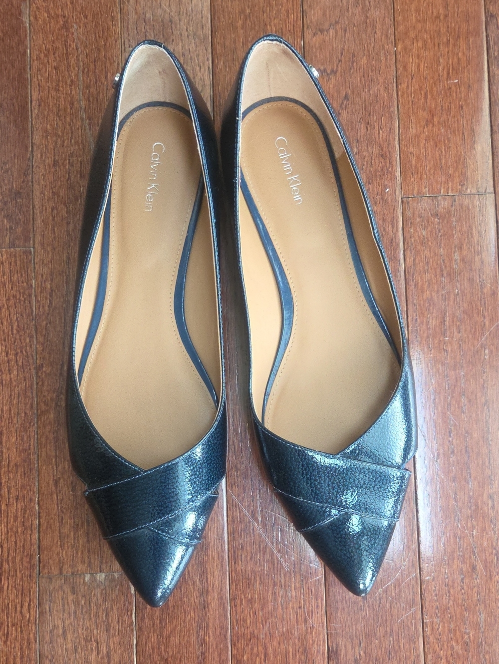 Calvin Klein Black Pointed Patent Flats with Cross-Over Detail